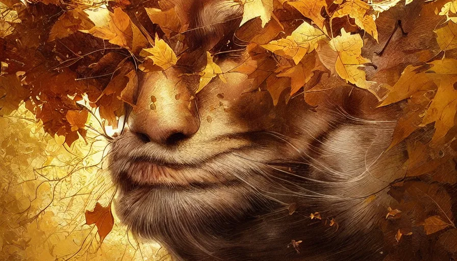 Image similar to golden leaves at frame border, creative!!! composition for a book cover!!!, absurdly beautiful, ultrafine hyperrealistic detailed animal face by wlop and artgerm and greg rutkowski, intricate linework, sharp focus, smooth, octopath traveler, final fantasy, unreal engine, dramatic lighting, ethereal, 8 k