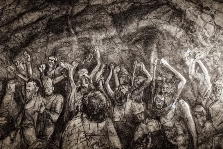 Prompt: Stone Age rave in a cave, soot on paper in the style of Stephen Spazuk