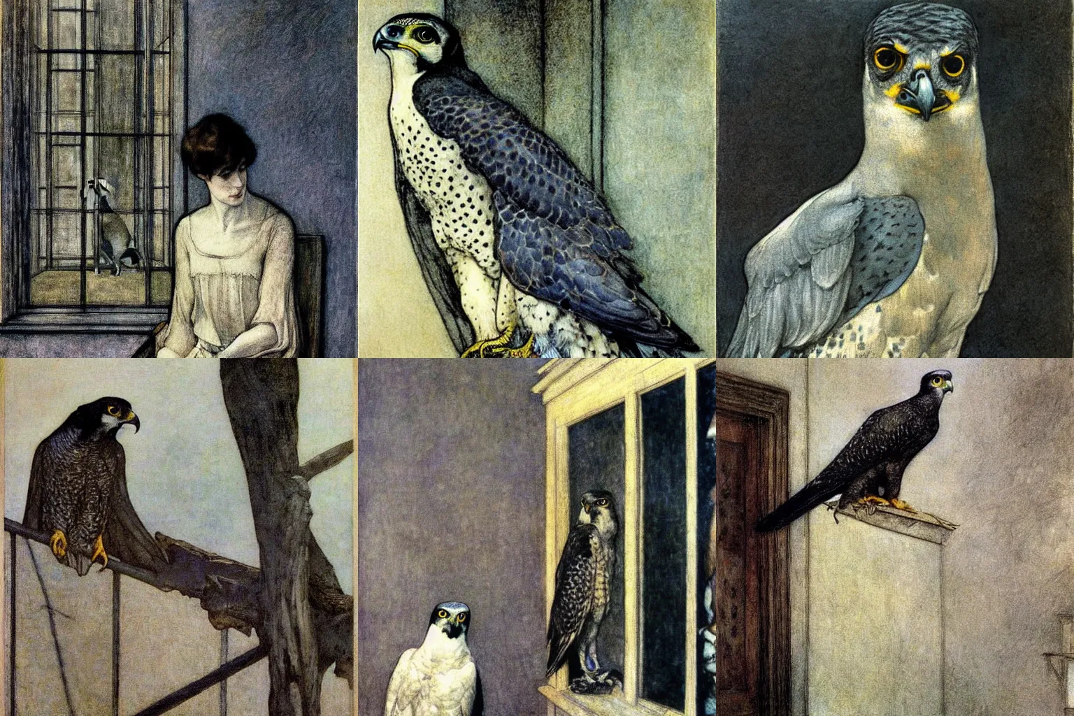 Prompt: a peregrine falcon cannot hear reason, painting by arthur rackham edward hopper and fernand khnopff