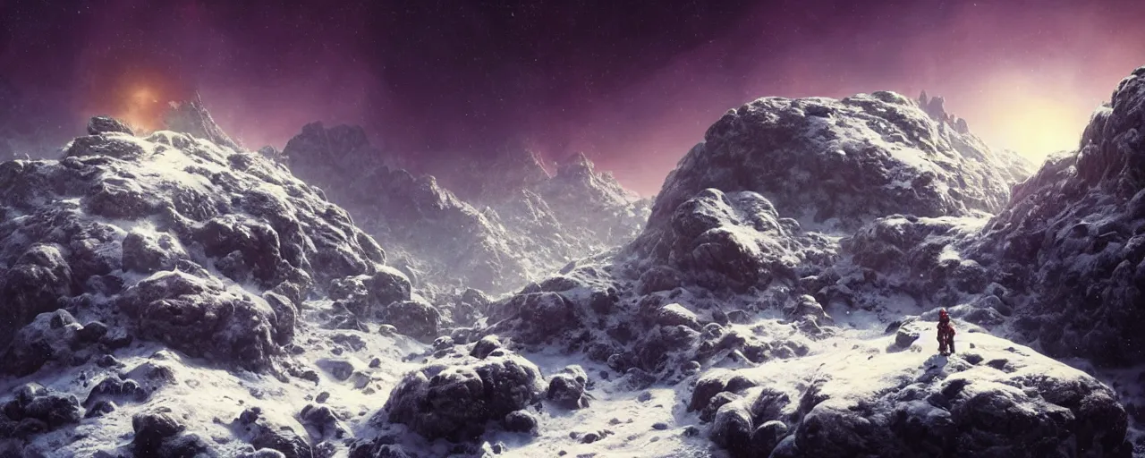 Prompt: ” outer planet with a rugged extremely high snow topped mountain range, [ art by paul lehr, cinematic, detailed, epic, widescreen, opening, establishing, mattepainting, photorealistic, realistic textures, octane render ] ”