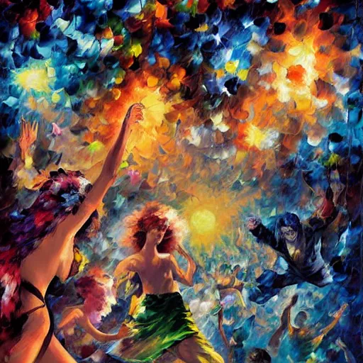 Prompt: rave dance party by arthur adams, charlie bowater, leonid afremov, chiho ashima, karol bak, david bates, tom chambers