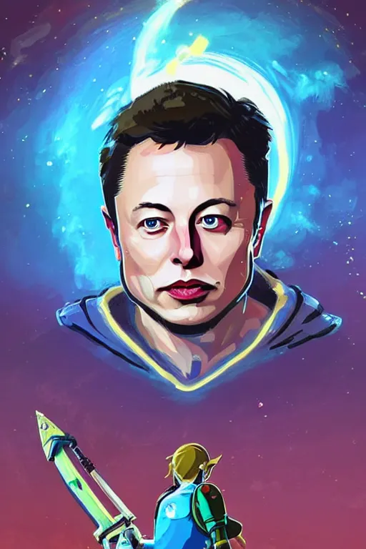 Image similar to an in game portrait of elon musk from the legend of zelda breath of the wild, breath of the wild art style.