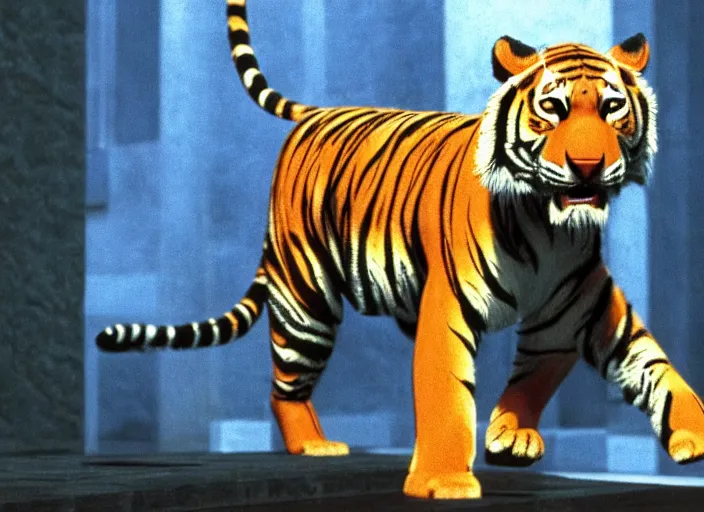 Prompt: hyper realistic, production still of hobbes the tiger playing neo in matrix ( 1 9 9 9 ), 4 k, highly detailed, anamorphic