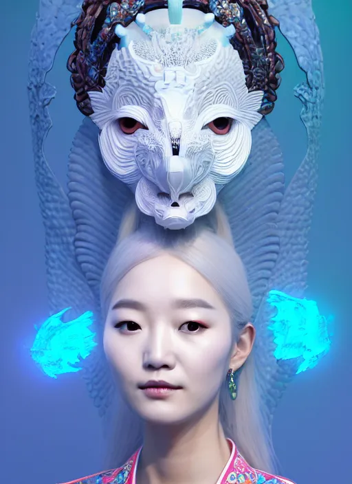 Image similar to 3 d goddess medium shot profile portrait. beautiful intricate highly detailed korean gumiho mask and traditional korean hanbok. stingray, magpie, stingray, magpie, bioluminescent, plasma, lava, ice, water, wind, creature, fog, artwork by tooth wu and wlop and beeple and greg rutkowski, 8 k trending on artstation,