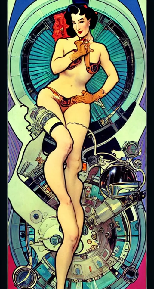 Image similar to a retro future science fiction pinup illustration of dita von teese, alphonse mucha, alberto vargas, gil elvgren, diesel punk.