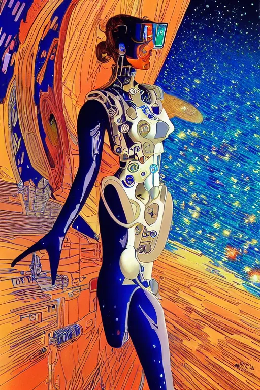 Image similar to cyber portrait fashion model in space artwork by jean giraud