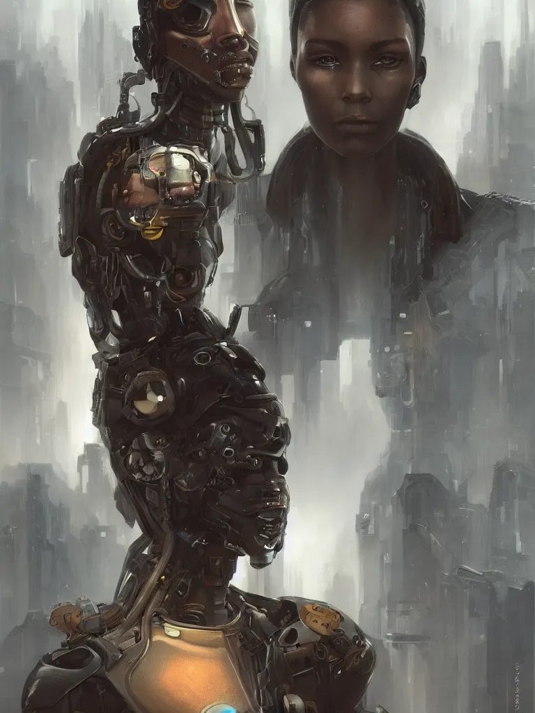 Image similar to a cyberpunk longshot portrait of one tall stunning african cyborg model, in the movie The Arrival, award-winning, masterpiece, in the style of Peter Mohrbacher