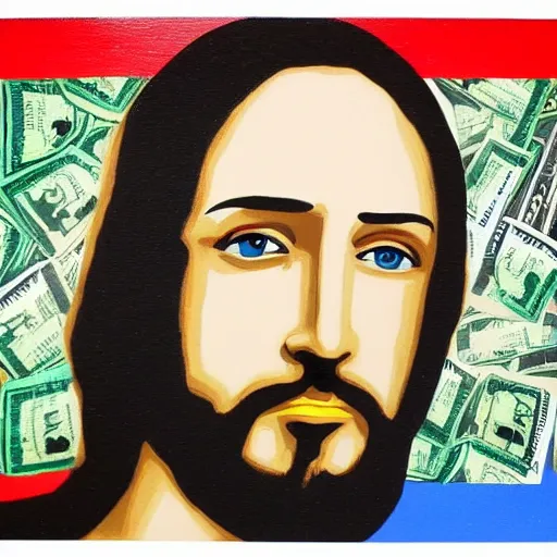 Image similar to painting of Jesus in the style of Alec monopoly, raining money