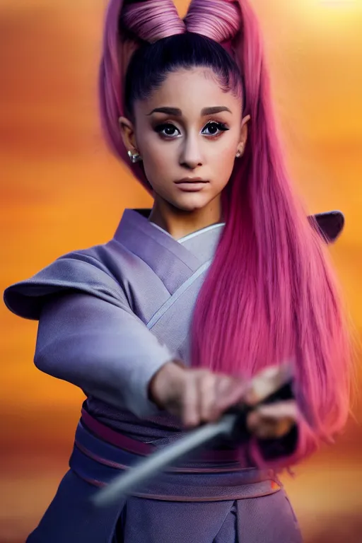 Image similar to highly detailed beautiful photo of a ariana grande as a young female samurai, practising sword stances, symmetrical face, beautiful eyes, pink hair, realistic anime art style, 8 k, award winning photo, pastels colours, action photography, 1 / 1 2 5 shutter speed, sunrise lighting