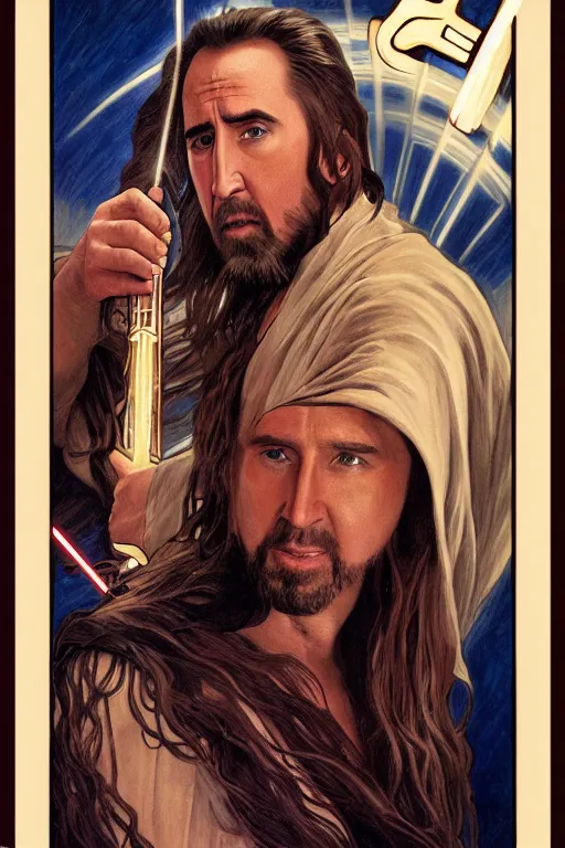 Image similar to a dramatic ethereal epic painting of nicolas cage as qui-gon jinn | tarot card, art deco, art nouveau, realistic | detailed face, cinematic lighting | by Dresden Codak, by Mark Maggiori and Alphonse Mucha | trending on artstation