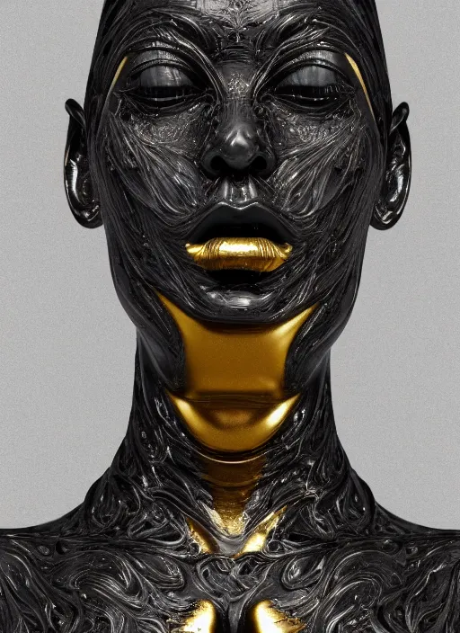 Prompt: a statue made of a gorgeous devil woman, made of black marble with gold veins, perfect symmetrical face, no eyes, hyper realistic, hyper detailed, fujicolor superia photo, by johannen voss, by peter kemp, by monia merlo, by michelangelo, octane render, blender, 8 k