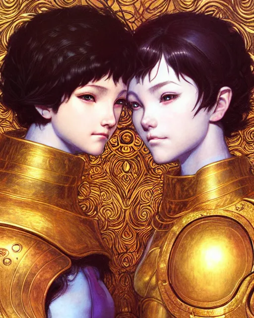 Image similar to portrait of two beautiful cute young maiden girls with short white hairs in warhammer armor kissing, art by ( ( ( kuvshinov ilya ) ) ) and wayne barlowe and gustav klimt and artgerm and wlop