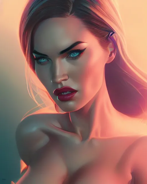 Image similar to highly detailed vfx portrait of megan fox as jessica rabbit, stephen bliss, unreal engine, greg rutkowski, loish, rhads, beeple, makoto shinkai and lois van baarle, ilya kuvshinov, rossdraws, tom bagshaw, alphonse mucha, global illumination, detailed and intricate environment