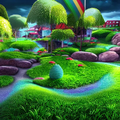 Prompt: Irish style cartoon background, 3d rendering, ray tracing, small details, plants, clover, pots of gold, rainbow