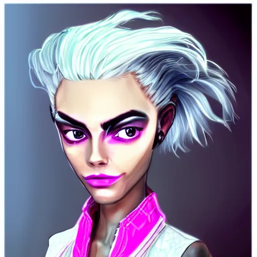 Prompt: Beattiful concept art of a character inspired by Cara Delevigne with white hair wearing a magenta top