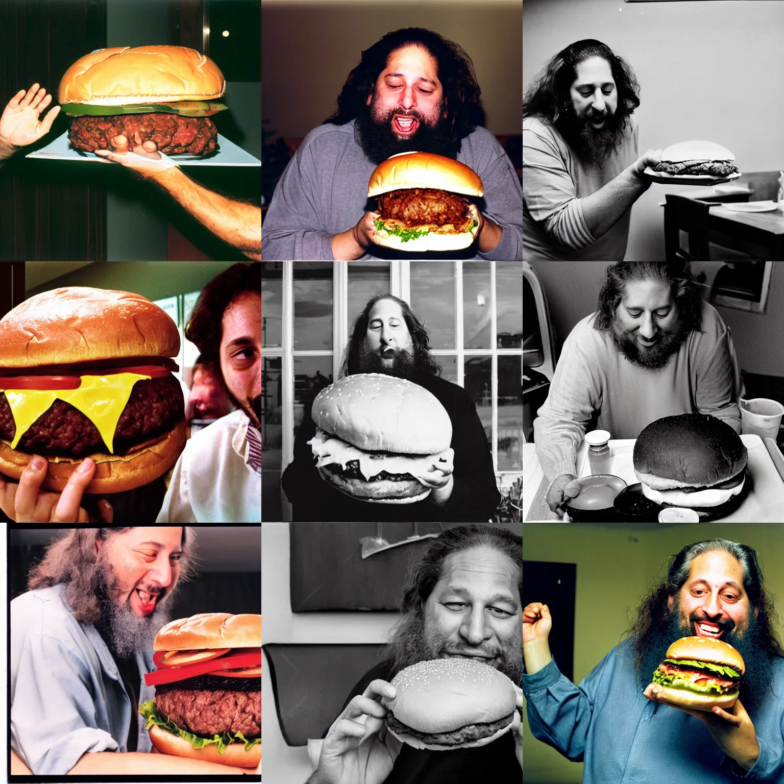 Prompt: photo of richard stallman struggling to eating a giant hamburger, 3 5 mm