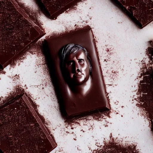 Prompt: dark chocolate relief that looks like till lindemann, dark chocolate painting, made of chocolate relief, 8 k resolution, professional photo of chocolate