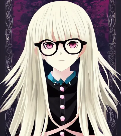 Prompt: beautiful detailed anime screenshot of a anime magical girl with very long blonde hair and a full fringe, wearing large thin-rimmed round glasses, wearing modern gothic clothes, trending anime art, aesthetic award winning anime, top pixiv, pretty anime character design