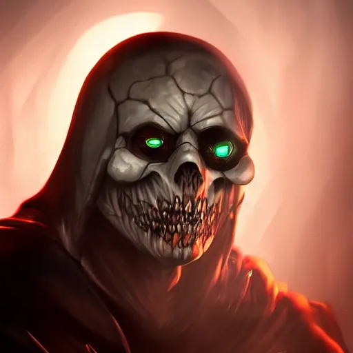 Image similar to photorealistic dark fantasy concept art of nightmare sans with his eye glowing, dynamic lighting, stunning visuals, ray tracing, beautiful scenery, cinematic, full body portrait, ultra detailed, hyper detail, stunning detail