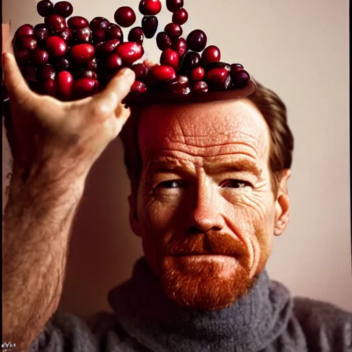 Image similar to tiny bryan cranston's body is a bowl of cranberries, head submerged in cranberries, natural light, sharp, detailed face, magazine, press, photo, steve mccurry, david lazar, canon, nikon, focus