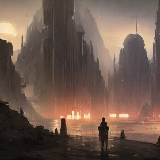 Image similar to star wars concept art by greg rutkowski, an urban landscape of buildings of ancient architecture, but huge and imposing in the middle of a temperate jungle, cinematic lighting, dawn light, nostalgic atmosphere.