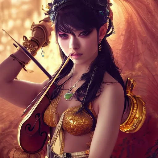 Image similar to the portrait, masked female violinist, exotic costumes, gold jewelry, black hair ， illustration by wenjun lin, irakli nadar, bright colors, octopath traveler, wenjun lin, unreal engine 5 highly rendered, global illumination, radiant light, detailed and intricate environment