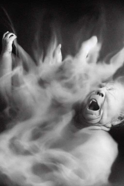 Image similar to Realistic high-resolution black and white photograph with a 50 mm f/1.2 lens of old women with their eyes closed and screaming expelling ECTOPLASMA from their mouths. A thick white liquid floating in the air and rising upwards