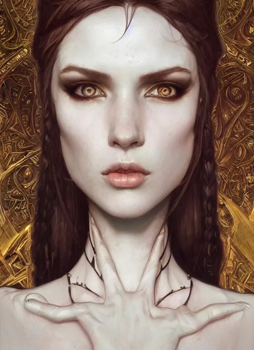 Prompt: portrait of beautiful pale gothic maiden, warhammer 40000, cyberpunk, intricate, elegant, highly detailed, digital painting, artstation, concept art, smooth, sharp focus, illustration, art by artgerm and greg rutkowski and alphonse mucha and Gustav Klimt and Ilya Kuvshinov