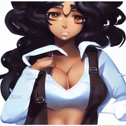 Image similar to A brown skinned woman with black curly hair as an anime character, artstation, highlt detailed