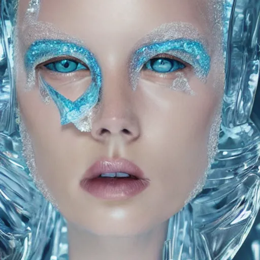 Prompt: close up of face of a fashion ice sculpture, in desert, official vogue editorial, highly detailed