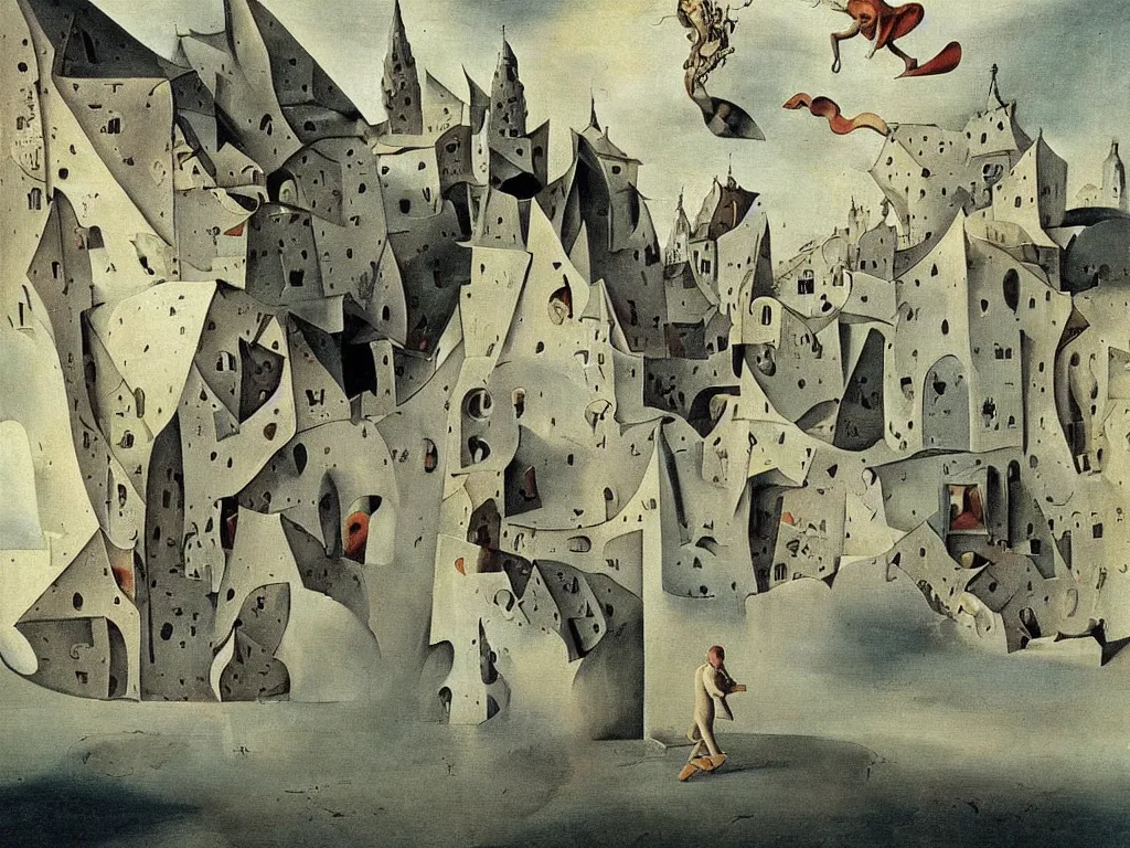 Image similar to feet running away from their master with star shaped building. painting by bosch, salvador dali, moebius