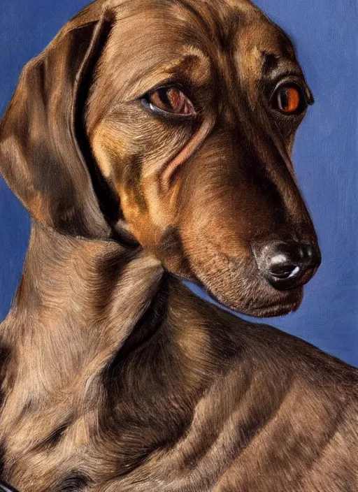 Image similar to Old dachshund, painted by Lucian Freud, very detailed, 8k