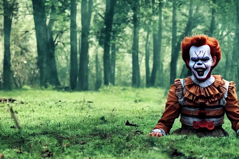 Image similar to film still of will poulter as pennywise. directed by cary joji fukanaga.