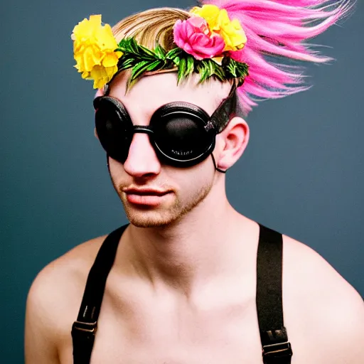 Image similar to close up kodak portra 4 0 0 milk bath photography of a skinny guy with blonde hair, aerial view, wearing cybergoth goggles, flower crown, moody lighting, telephoto, 9 0 s vibe, blurry background, vaporwave colors, dream aesthetic, dreamy aesthetic, faded!,