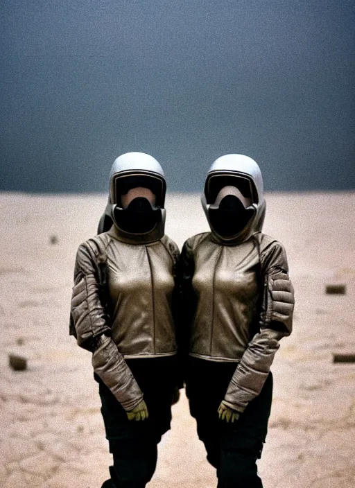 Image similar to cinestill 5 0 d photographic portrait of two loving clones, techwear women on a desolate plain, a brutalist dark metal facility in the background, sandstorm, depth of field, 4 k, 8 k, hd, full color