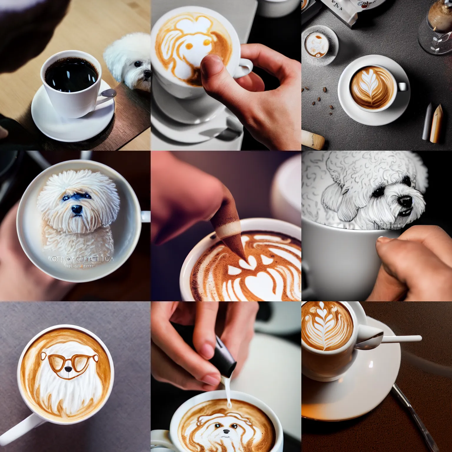 Image similar to a closeup photorealistic photograph of barista drawing bichon frise shaped latte art in a cup. professional capture, well lit shot. this 4 k hd image is trending on artstation, featured on behance, well - rendered, extra crisp, features intricate detail, epic composition and the style of unreal engine.