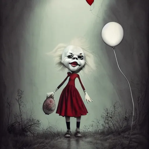 Prompt: grunge cartoon landscape sketch of bilie eilish with a wide smile and a red balloon by - michal karcz, loony toons style, pennywise style, horror theme, detailed, elegant, intricate