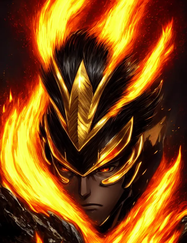 Image similar to a detailed manga portrait of a black haired man with hazel eyes in gleaming golden armour that burns with golden fire, trending on artstation, digital art, 4 k resolution, detailed, high quality, sharp focus, hq artwork, coherent, insane detail, character portrait