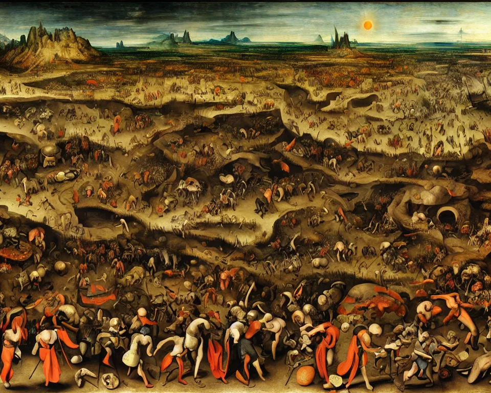 Image similar to doom eternal concept art by pieter brueghel, garden of eternal delights hell by hieronymus bosh, triumph of death by pieter brueghel