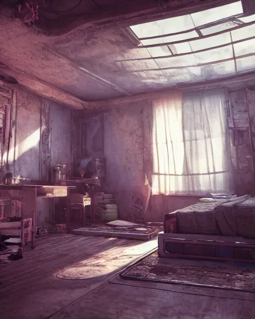 Image similar to artstation scifi scene of a shabby chinese rural room, earth kang, bookcasel lounge furniture, large terrarium, beds, paneled walls, unreal engine 5, hyper realism, realistic shading, cinematic composition, blender render, octane render, hdr, detailed textures, photorealistic, wide shot