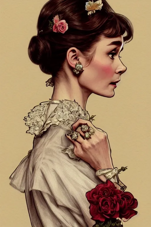 Prompt: audrey hepburn dressed in a victorian roses dress fashion, D&D, fantasy, intricate, elegant, highly detailed, digital painting, artstation, concept art, matte, sharp focus, illustration, art by Artgerm and Greg Rutkowski and meredit frampton and Alphonse Mucha