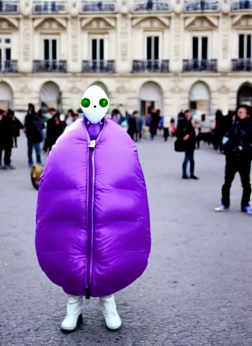 Image similar to purple alien wearing white puffer jacket, in paris, they hold a model ufo, in the style of jojo's bizarre adventure,