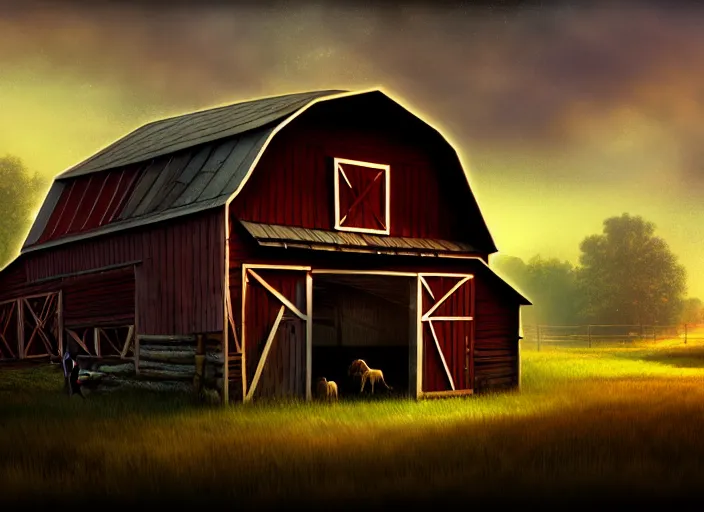 Image similar to A barn at an Iowan farm, barndoors broken open by baba yaga's hut, game art matte painting hyperdetailed, artstation, cgsociety, 8k, surreal dream landscape