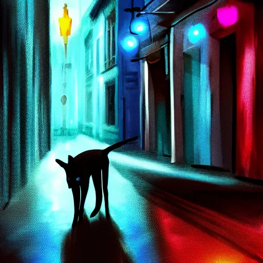 Prompt: stray dog sits alone in a dark alleyway at night with neon city lights glowing in the distance, 4 k, digital painting, photorealism, lighting study