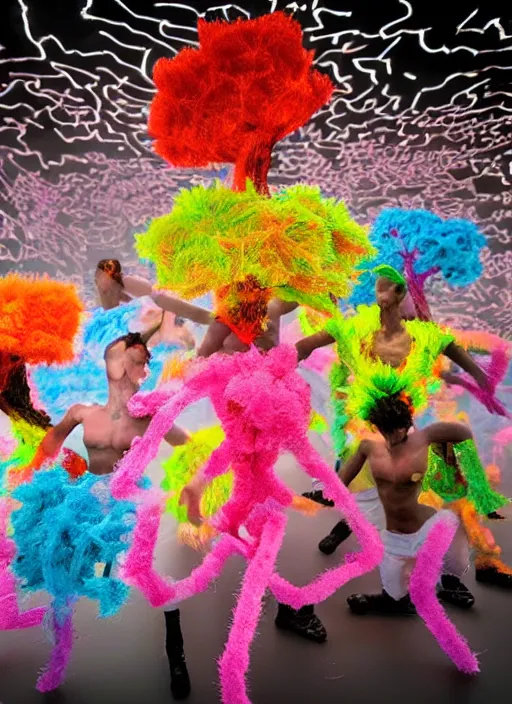 Prompt: group of giant sakura people dancing made out of fluffy pipe cleaners in the style of Jean-Michel Basquiat lit with glowing CRT lighting, 3D cinematic lighting, spotlight at a 90 DEGREE ANGLE, photorealism, octane render, depth of field, 8k, 35mm, artgem, Trending on artstation