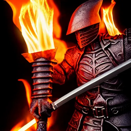 Prompt: hell knight with a flaming sword, highly detailed, 4k, HDR, smooth, sharp focus, hyper realistic, high resolution
