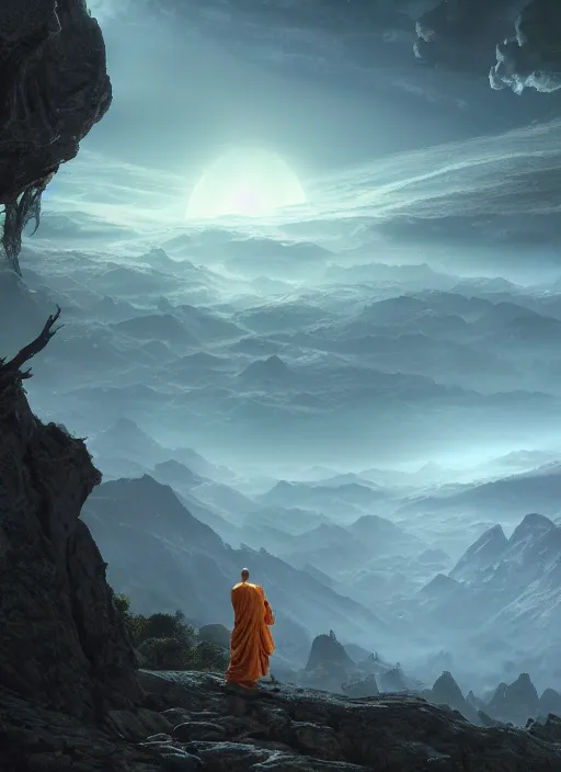 Image similar to a cosmic monk in lord of the rings scenery landscape, looking at a huge futuristic spacecraft hovering in the sky, highly detailed, vivid color, cinematic lighting, perfect composition, 8 k, gustave dore, derek zabrocki, greg rutkowski, belsinski, octane render