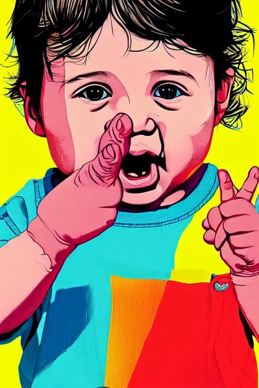 Image similar to a beautifully detailed coloured illustration of the baby boy swearing by sticking two fingers up by andrew salgado and rogier willems