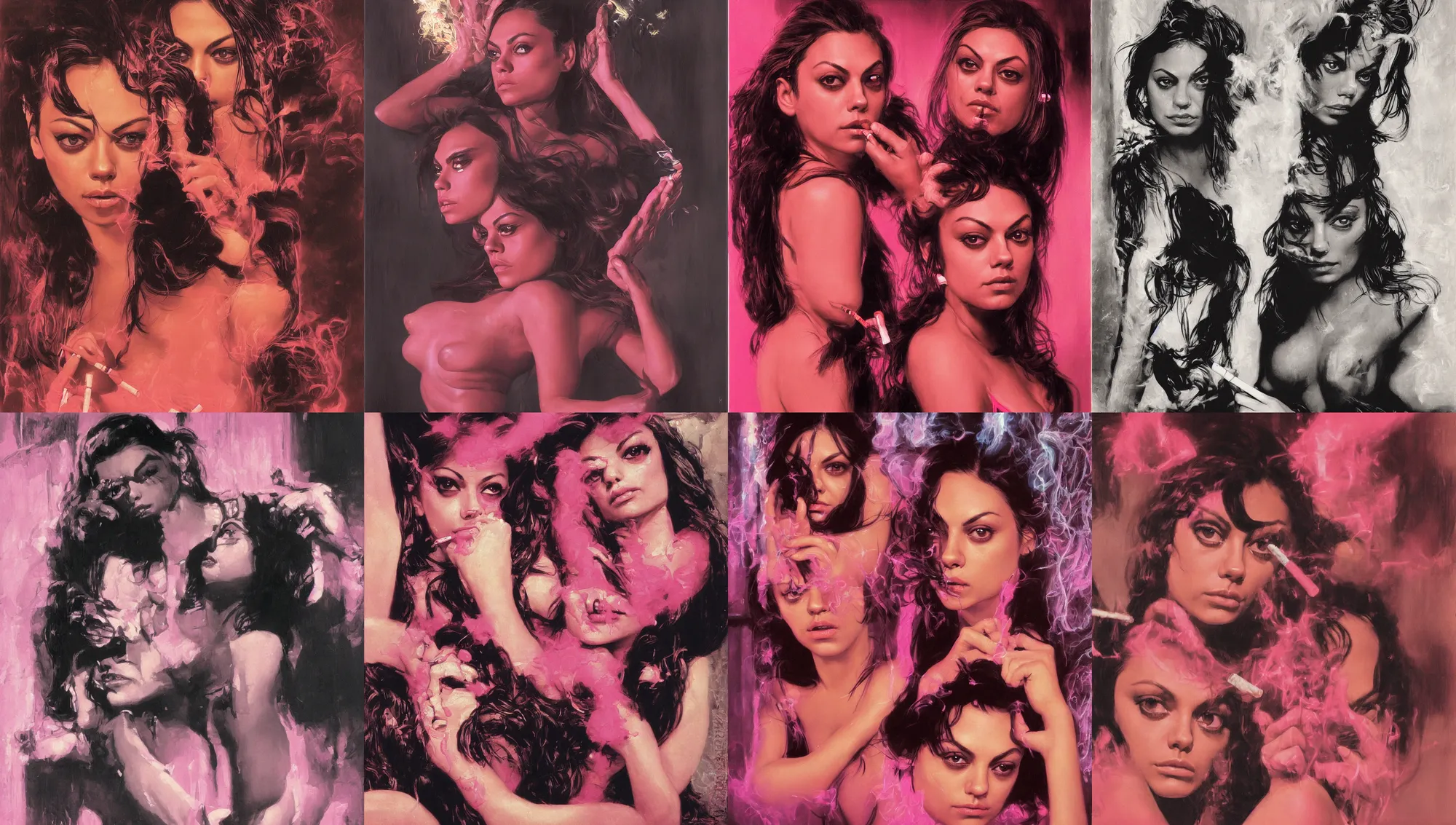 Prompt: close portrait of mila kunis looking into the camera leaning back against a wall smoking a cigarette, pink neon street, 1 9 8 0 s, intricate, moody, personal, highly detailed, short focus depth, donato giancola, joseph christian leyendecker, frank frazetta, alex horley, ralph horsley, michael whelan