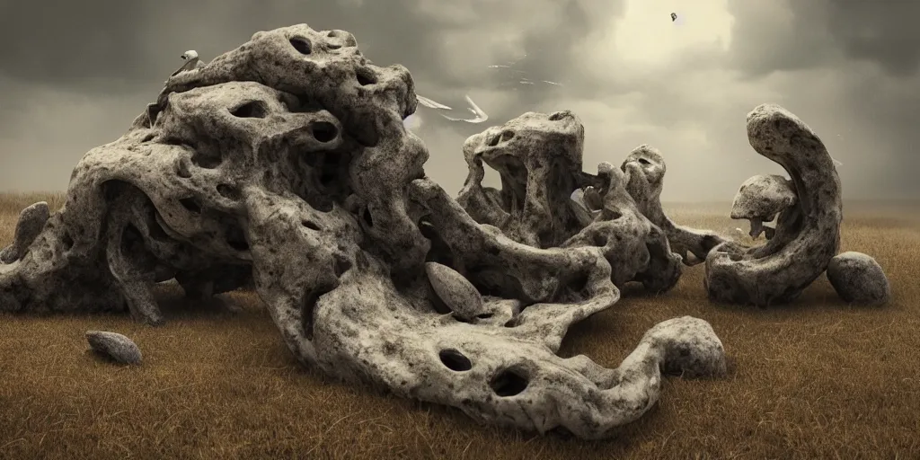 Image similar to photorealistic strange sculpture made of white bird skulls, in an epic landscape, with ominous storm clouds, strange levitating stones, stones falling from the sky, a gentle rising mist. occult photorealism, uhd, amazing depth, glowing, golden ratio, 3 d octane cycle unreal engine 5, volumetric lighting, cinematic lighting, cgstation artstation concept art